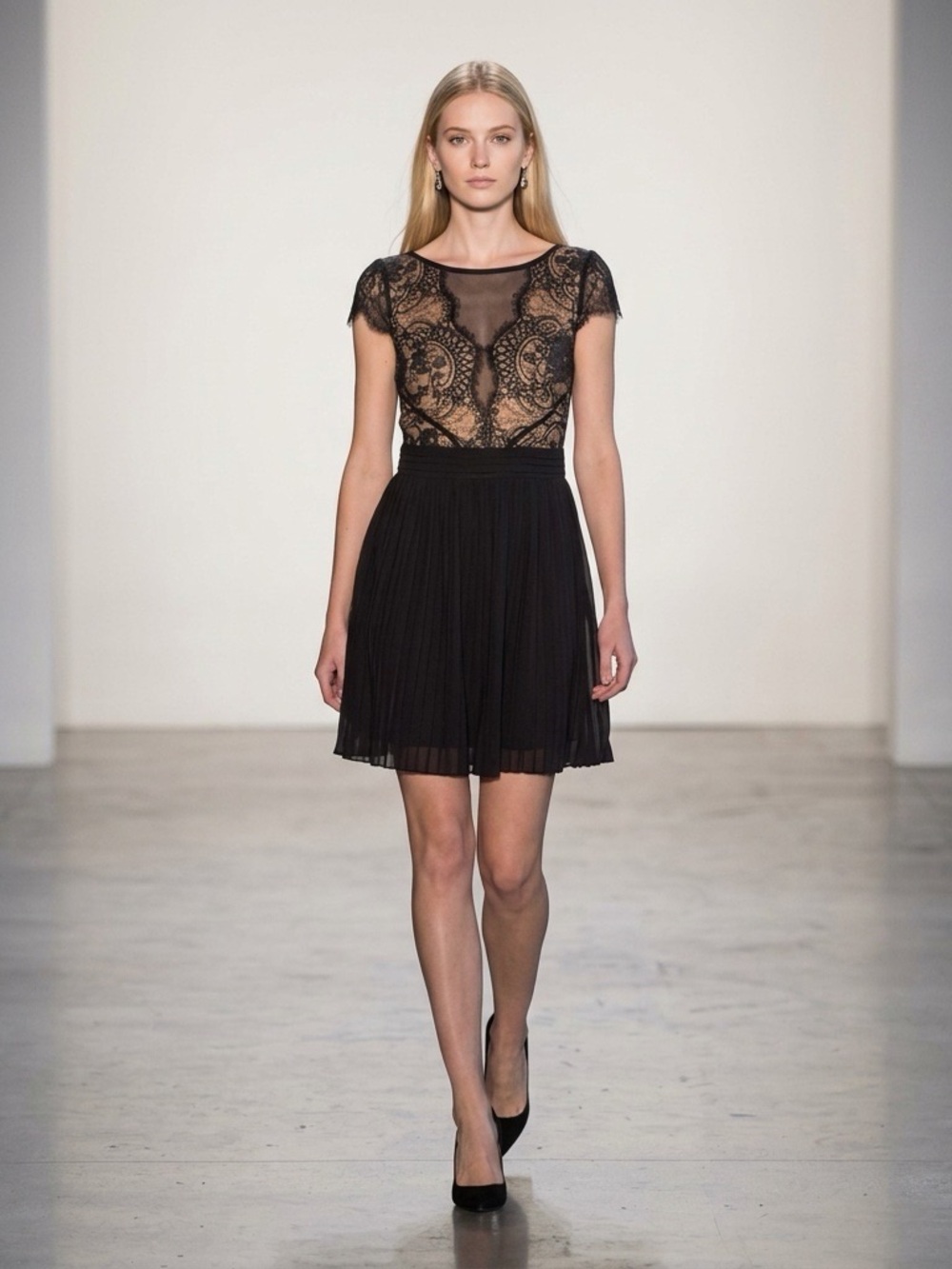 NIKIBIKI Black Lace Fit & Flare Cocktail Dress Small Sheer Back Pleated Skirt